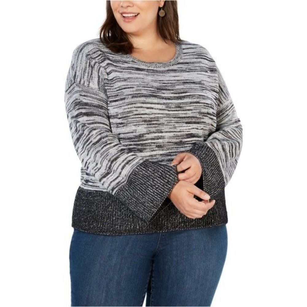 Style & Co Womens Black Combo Long Flare Sleeve U Neck Pullover Sweater Size PM